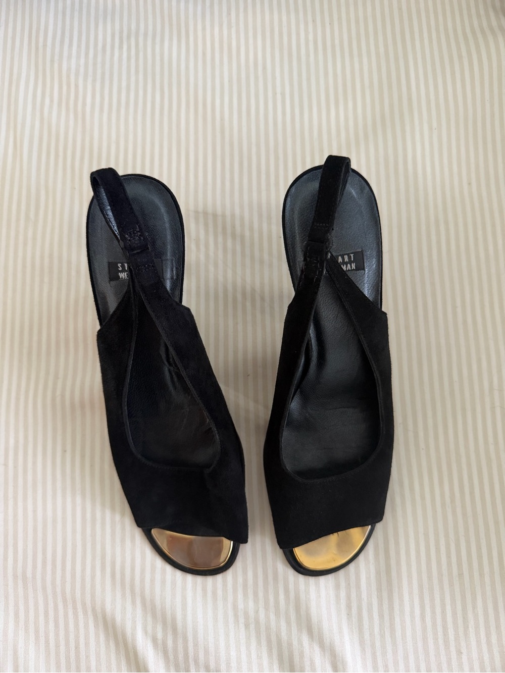 Vintage Stuart Weitzman Black Suede Slingback Heels with Gold Toe Cap